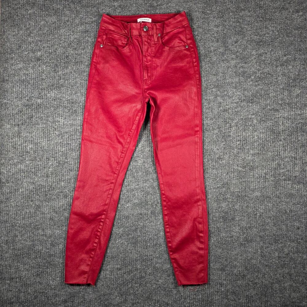 Good American Good Waist Crop Red Coated Skinny Jeans Sz 6/28 Raw‎ Hem